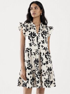 AVARA Ivory and Black Floral 100% Cotton Ruffle-Sleeve Dress Size Medium